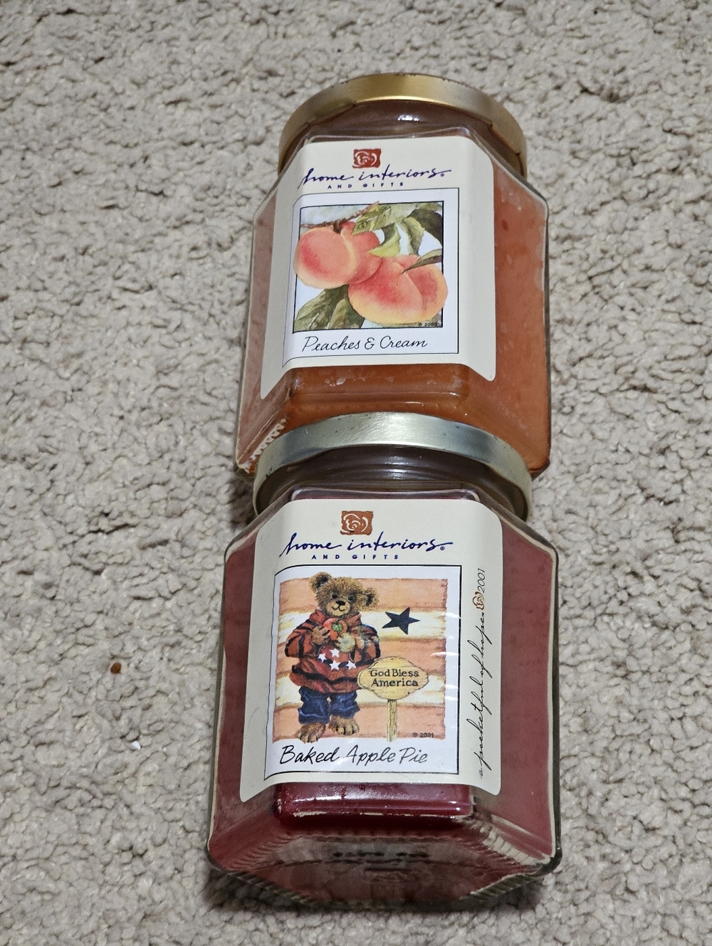 New! Home Interiors & Gifts VTG 2 Jar Candles Peaches & Cream / Baked Apple Pie